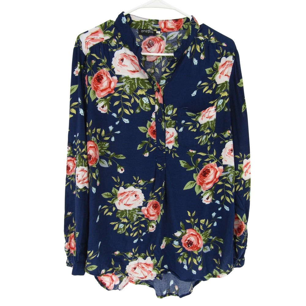 Angela Plus Floral‎ Blouse XXL Navy Blue Cottage Casual Office Garden Party Boho